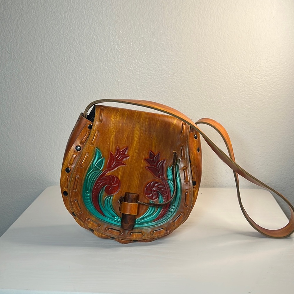 Vintage Faux Tooled Leather Purse With Flowers Hippie Boho Festival - Picture 16 of 17
